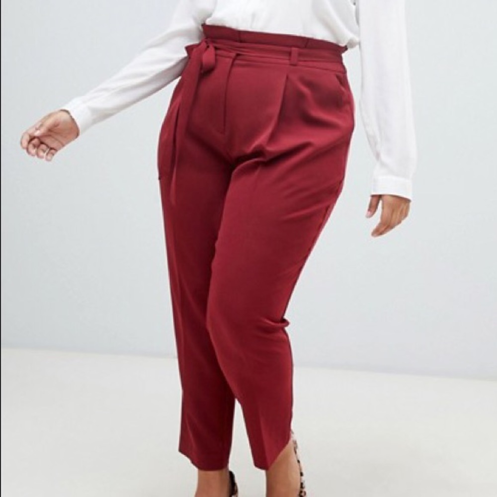 ASOS Curve Paperbag Waist Burgundy Pants 18